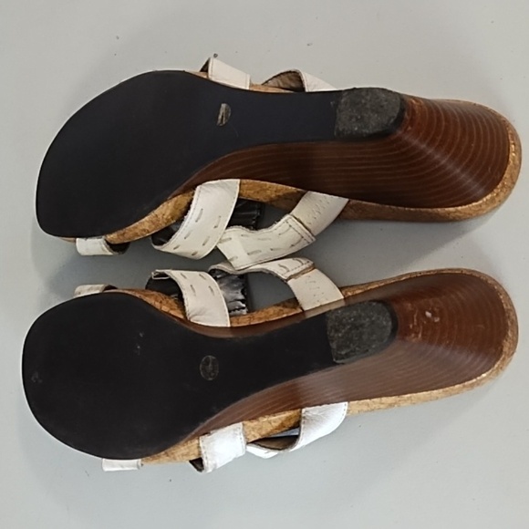 White Wedge Sandals with Leather Straps Stitching Cork Soles - Picture 10 of 13